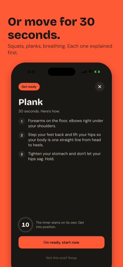 A Sorry Scroll move step: a plank, explained in three steps before a 30-second timer.