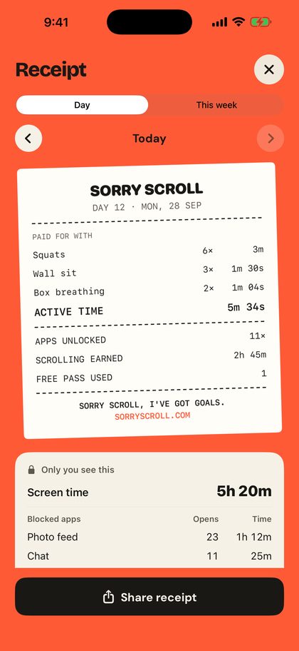 A Sorry Scroll daily receipt listing squats, wall sit and box breathing, active time, and apps unlocked.