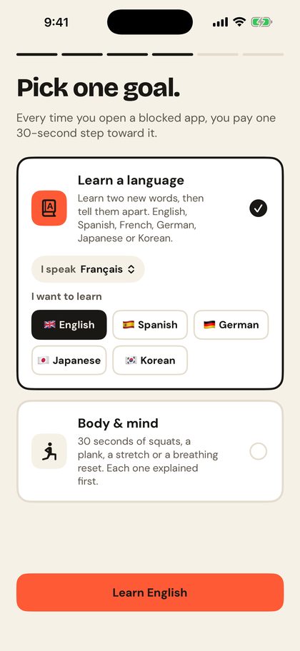 Choosing a goal in Sorry Scroll: learn a language, or body and mind with squats, a plank, a stretch or a breathing reset.