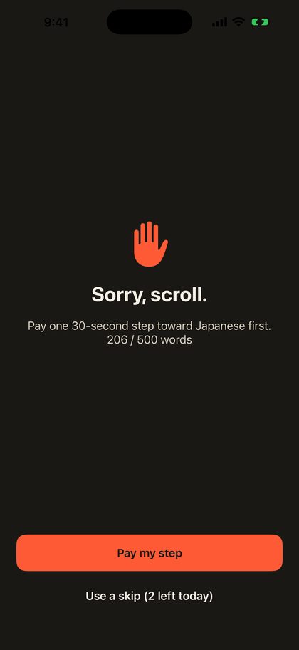 The Sorry Scroll shield: Sorry, scroll. Pay one 30-second step toward Japanese first, with buttons to pay the step or use a skip.