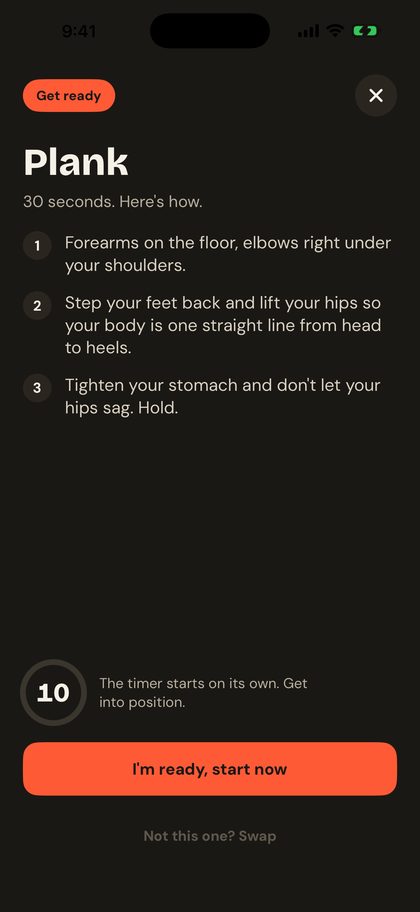 A Sorry Scroll move: the plank, explained in three steps, with a 10-second countdown before the timer.